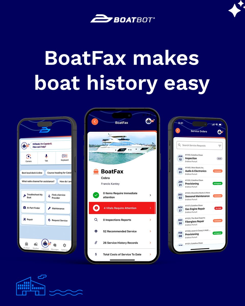 BoatFax keeps your boat's history organized.  
All your service orders in one place, plus smart maintenance reminders.
When it's time to sell, your boat's worth more-with BoatBot.
#BoatBot #BoatFax #BoatLife #MarineTech