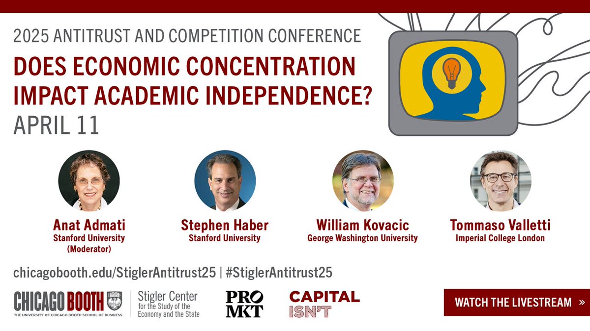 Stigler Center (@stiglercenter) on Twitter photo Contemporary science depends on external support. At #StiglerAntitrust25, Stephen Haber, William Kovacic, and <a href="/TomValletti/">Tommaso Valletti</a> explore the challenge of maintaining academic independence amid reliance on outside partnerships. Moderated by <a href="/anatadmati/">Anat Admati</a>.
RSVP: chicagobooth.edu/StiglerAntitru… Contemporary science depends on external support. At #StiglerAntitrust25, Stephen Haber, William Kovacic, and <a href="/TomValletti/">Tommaso Valletti</a> explore the challenge of maintaining academic independence amid reliance on outside partnerships. Moderated by <a href="/anatadmati/">Anat Admati</a>.
RSVP: chicagobooth.edu/StiglerAntitru…