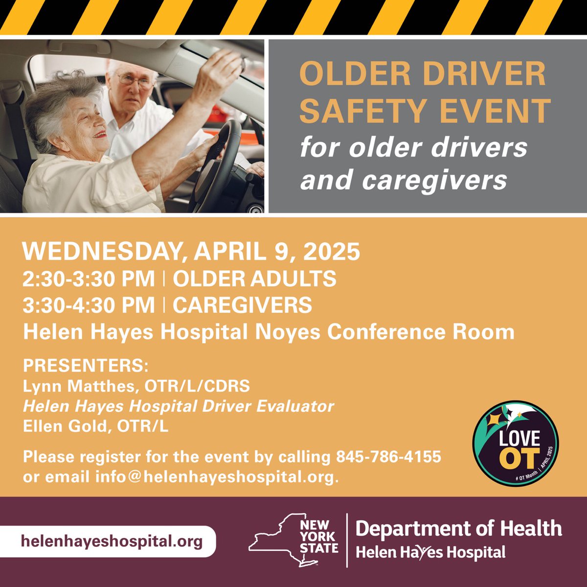 Join us April 9th for an important presentation on Older Driver Safety for drivers &amp; caregivers. Topics include defensive driving tips, assessment tools, &amp; more. Learn about Driving Rehabilitation: helenhayeshospital.org/adapted-drivin….
