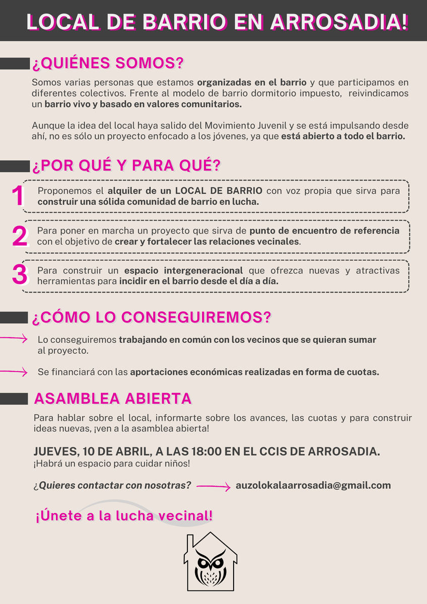 ARROSADIAN AUZO LOKALA!

Zatoz bilera irekira orain arteko aurrerapausoei buruz informatzeko eta auzoa elkarrekin eraikitzeko!

🗓Osteguna 10
🕛18:00
📍Arrosadiako CCISean 

Batu auzo borrokara!🏠🦉✊️