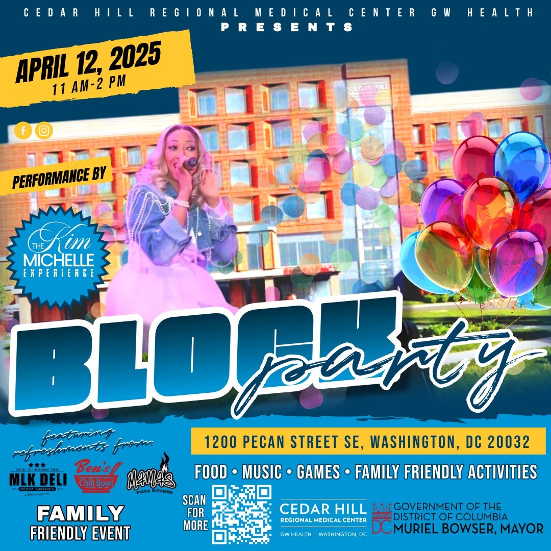 We're getting ready to open Cedar Hill Regional Medical Center GW Health—a state-of-the-art hospital on St. Elizabeths East campus.

And there's no better way to celebrate than with community. Join us for a family-friendly block party:

🗓️Sat, April 12
⏰11AM
📍1200 Pecan St SE
