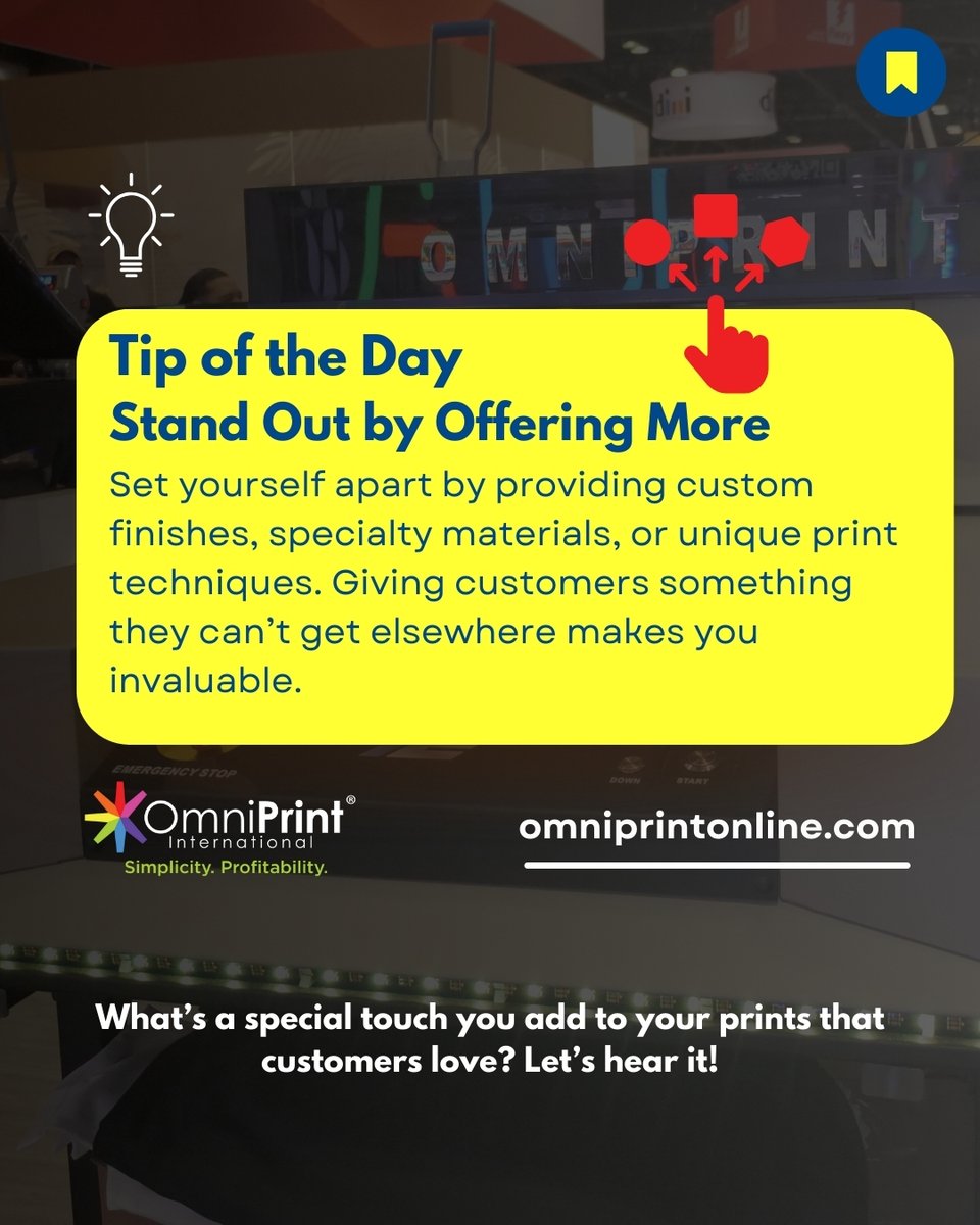 omniprint's tweet image. Want to stand out? Offer MORE than just prints!
✅ Premium finishes
✅ Custom branding
✅ Exclusive perks
💡 Give customers something they can’t get anywhere else!
💬 What’s one unique upgrade you offer? Drop it below! 👇
#PrintingTips #DTFPrinting #SmallBusinessGrowth