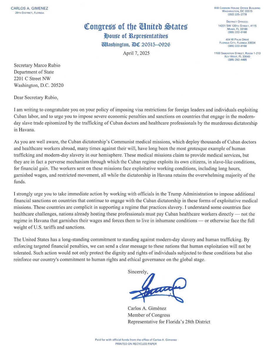 🚨ÚLTIMA HORA —> Estoy solicitando a la Administración Trump que se le apliquen ARANCELES DE MÁXIMA PRESIÓN a todo país que esté traficando médicos cubanos y pagándole a la dictadura de #Cuba para el trabajo forzado que le obligan a hacer a estos esclavos modernos. #PatriaYVida