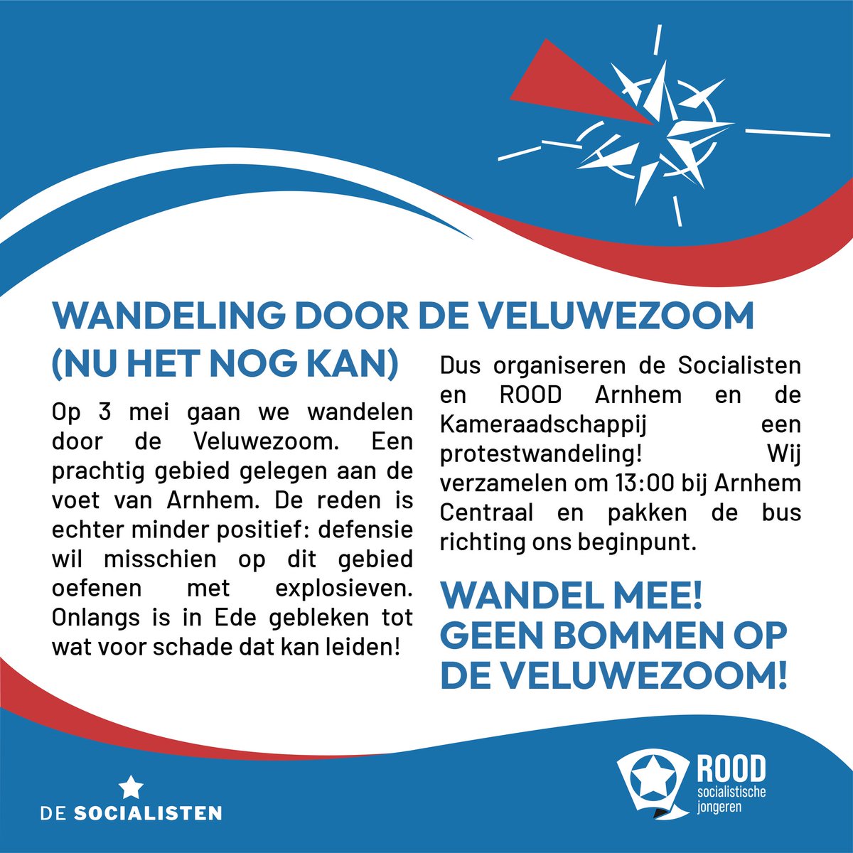 Op 3 mei gaan we wandelen door de Veluwezoom nu het nog kan. Want defensie heeft het als interesselocatie aangewezen voor springoefeningen. Niet als het aan ons ligt! Meer natuur! Minder NAVO!

Voor meer info, check:
kameraadschappij.nl/event/wandelin…
