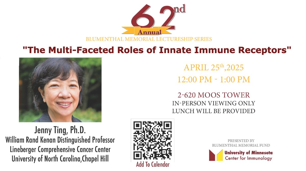 🗓️ Save the Date!🗓️Join us for the 2025 Blumenthal Memorial Lectureship Series featuring Jenny Ting, Ph.D. on April 25, 2025, from 12:00 PM - 1:00 PM at 2-620 Moos Tower.
Don’t miss this exciting talk! To save to your calendar: z.umn.edu/2025_Blumenthal
