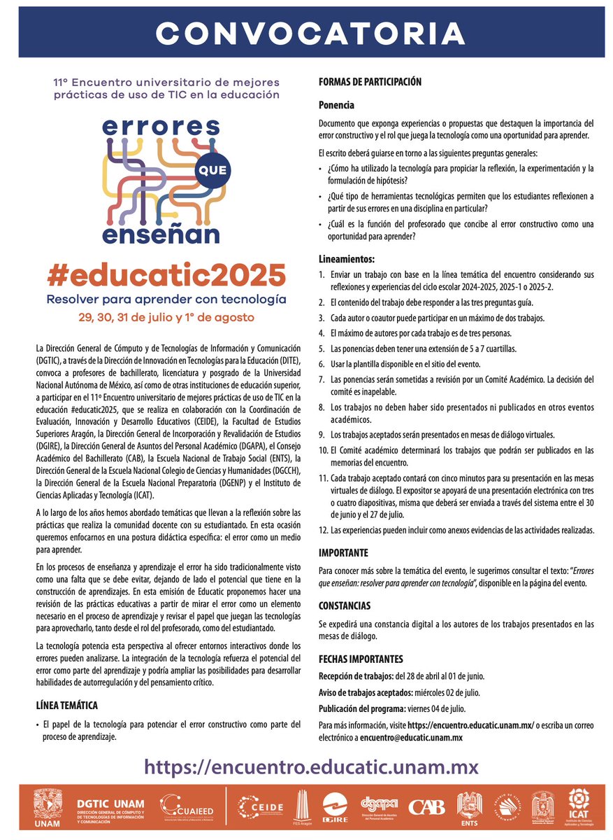 📣 ¡Ya está aquí! Consulta la convocatoria oficial de #educatic2025 y prepárate para compartir tus ideas, experiencias y proyectos en tecnología y educación.
🔗encuentro.educatic.unam.mx