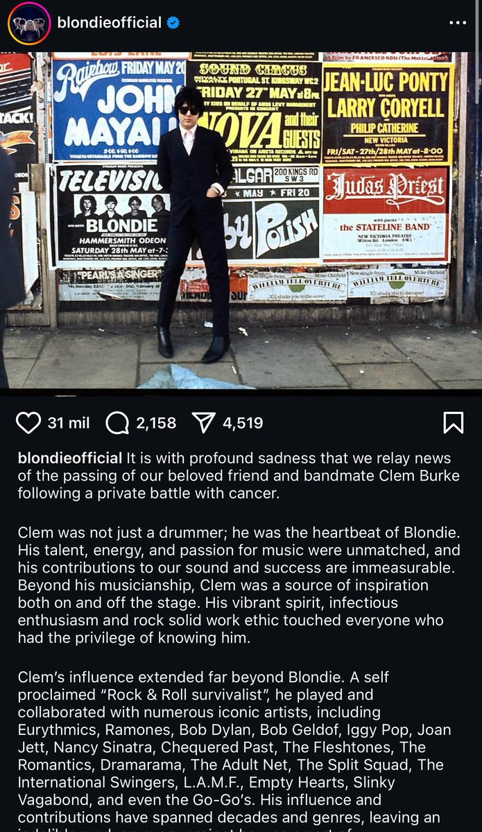 MikeEnMix's tweet photo. El "Hasta Pronto" a una LEYENDA.
#clemburke, el legendario baterista de Blondie fallece a los 70 años de edad.
A través de un comunicado en la cuenta oficial de #Blondie, anunciaron esta triste noticia. 
Con mucho respeto y admiración, hasta pronto Clem. https://t.co/Y23inUhKyB