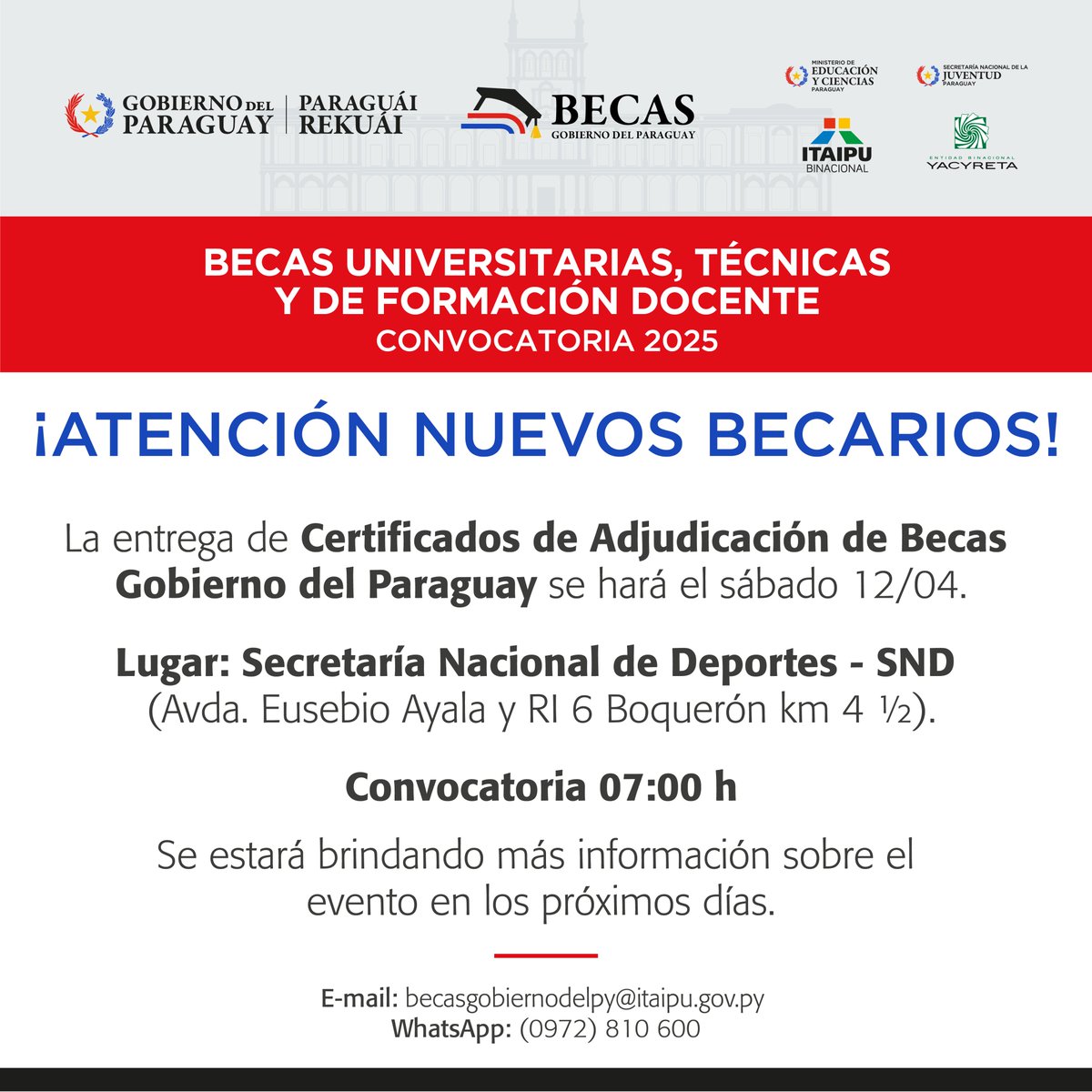 itaipuparaguay's tweet photo. #BecasGobPY 🎓📚 Unos 6.796 jóvenes recibirán sus certificados como nuevos becarios de la Convocatoria 2025 este sábado 12/04, en la Secretaría Nacional de Deportes (SND). 

🎓📚 A través de esta iniciativa del Gobierno del Paraguay se busca brindar igualdad de oportunidades educativas a jóvenes paraguayos talentosos de todo el país.

📸 Archivo

Leé aquí  👉 https://t.co/H4Bnoc1v7J