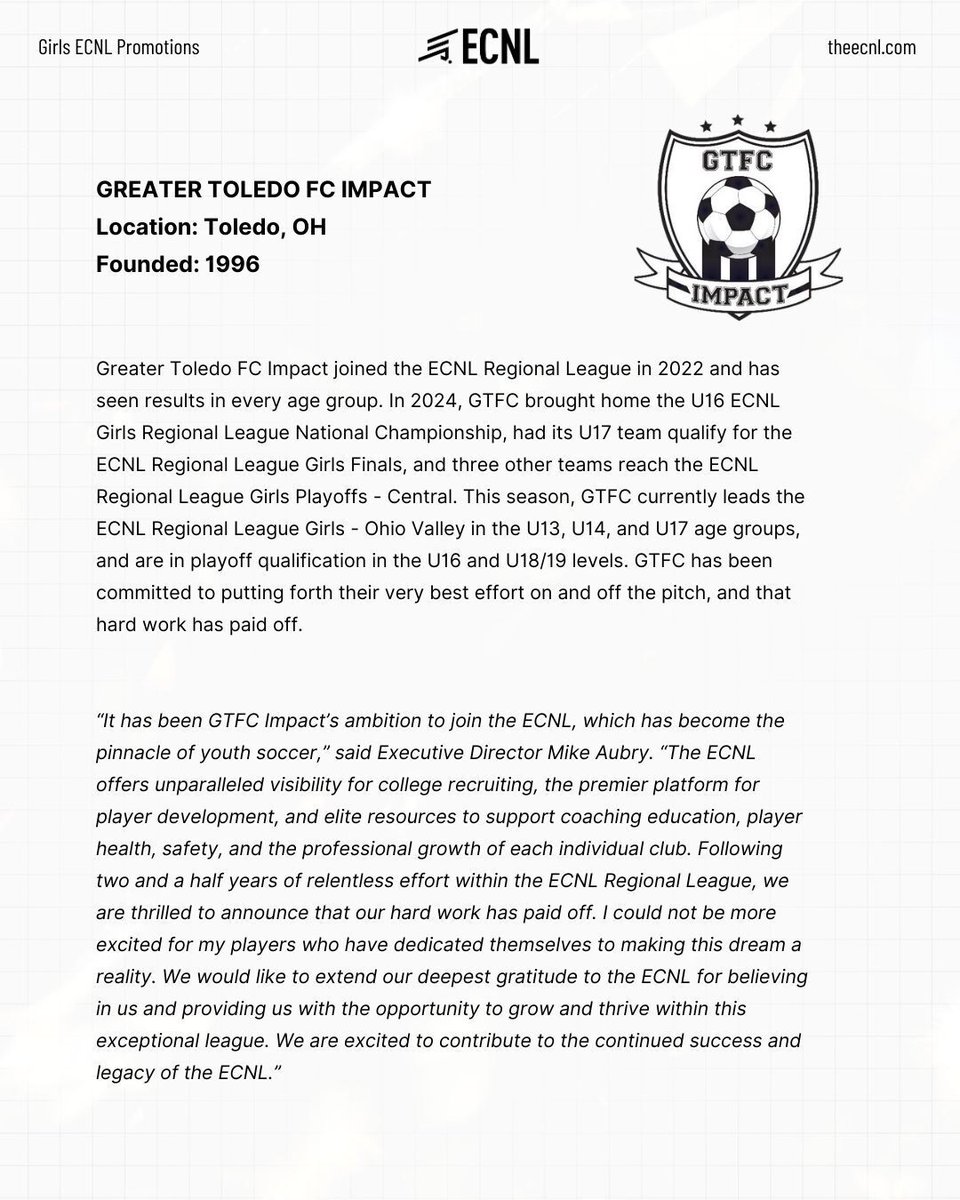 ECNL is proud to promote <a href="/greatertoledofc/">Greater Toledo FC</a> to ECNL Girls for the 2025-26 season!