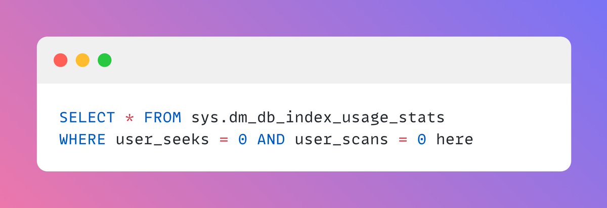 codewhisperdev's tweet image. SQL Tip:
Always monitor and maintain your indexes.
Unused or duplicate indexes = slower writes and wasted space.
Why?
- Clean indexes = faster inserts/updates
- Less I/O, better performance
🔍 Use this to find unused indexes in SQL Server