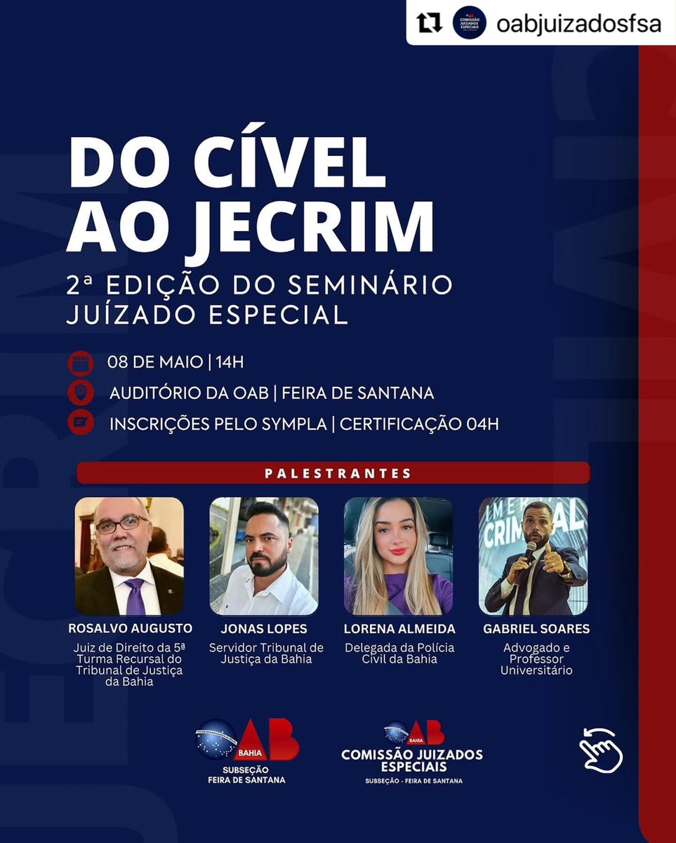 oabfeira's tweet photo. #Repost @oabjuizadosfsa with @use.repost
・・・
Vem aí a 2ª edição do “Do Cível ao Jecrim”!

Um evento imperdível com dois painéis enriquecedores voltados para o Juizado Especial Cível e Criminal (Jecrim), com a participação de grandes nomes: Rosaldo Augusto, Jonas Lopes, (…) https://t.co/5eS1dVagxF
