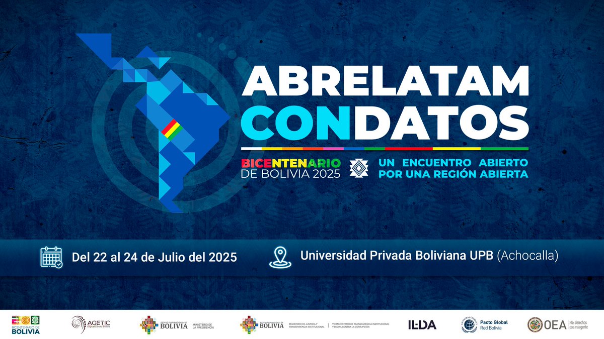 🚨 ¡Abrelatam - ConDatos 2025 llega a La Paz, Bolivia!

Del 22 al 24 de julio, la sede de gobierno será anfitriona del evento más importante de América Latina sobre transparencia, datos abiertos y gobierno abierto 🌎

#AbrelatamConDatos2025🇧🇴