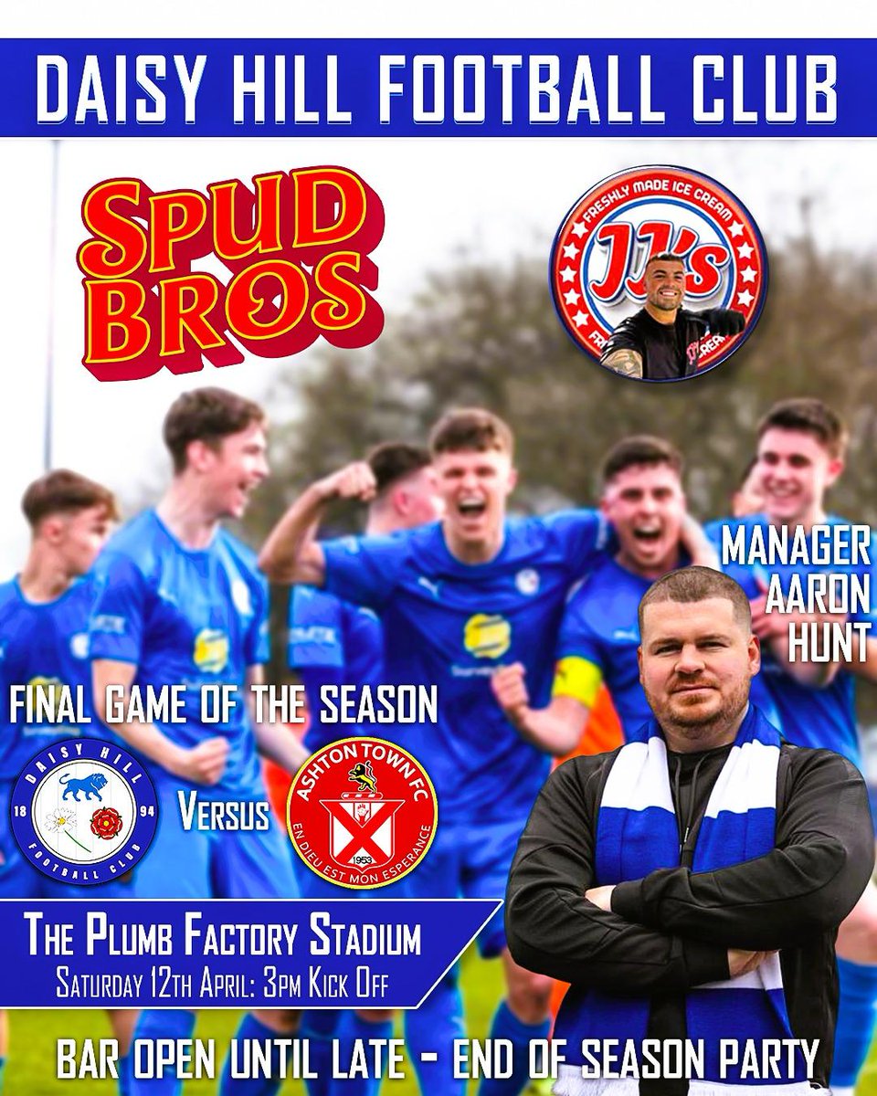 Daisy Hill FC (@officialdhfc) on Twitter photo Last game of the season against <a href="/ashtontownfc/">Ashton Town FC</a> and you won't want to miss this!
<a href="/AaronHunt282/">Aaron Hunt</a> as Manager โ
Spud Bros โ
JJ's Ices โ
Get your ticket below and we'll see you on Saturday!
#upthecutters
ticketsource.co.uk/whats-on/boltoโฆ Last game of the season against <a href="/ashtontownfc/">Ashton Town FC</a> and you won't want to miss this!
<a href="/AaronHunt282/">Aaron Hunt</a> as Manager โ
Spud Bros โ
JJ's Ices โ
Get your ticket below and we'll see you on Saturday!
#upthecutters
ticketsource.co.uk/whats-on/boltoโฆ