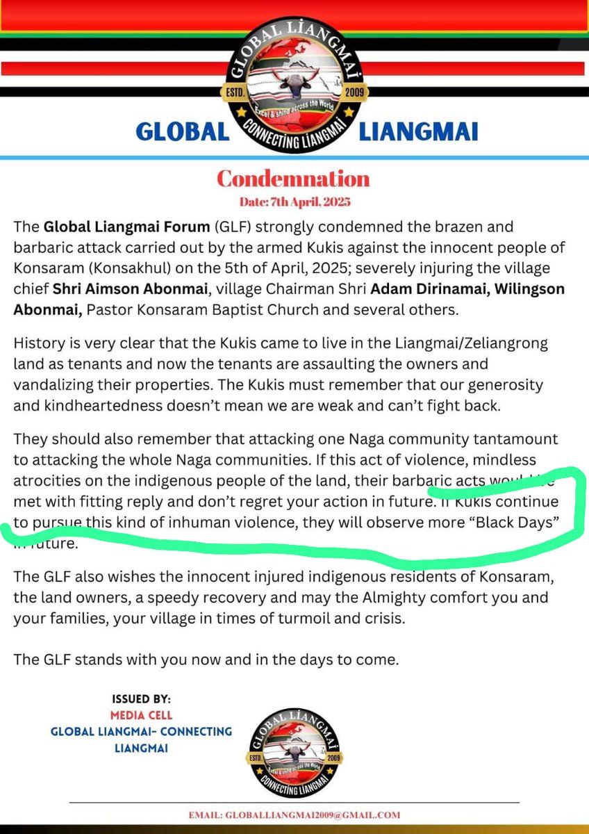Manipur: In light of the recent press release issued by Global Liangmai on 7th April  2025 we the Young Kuki are compelled to issue a statement addressing the baseless and misleading claims made regarding the ongoing land ownership dispute in Kangpokpi District.
 <a href="/ukhrultimes/">Ukhrul Times</a>