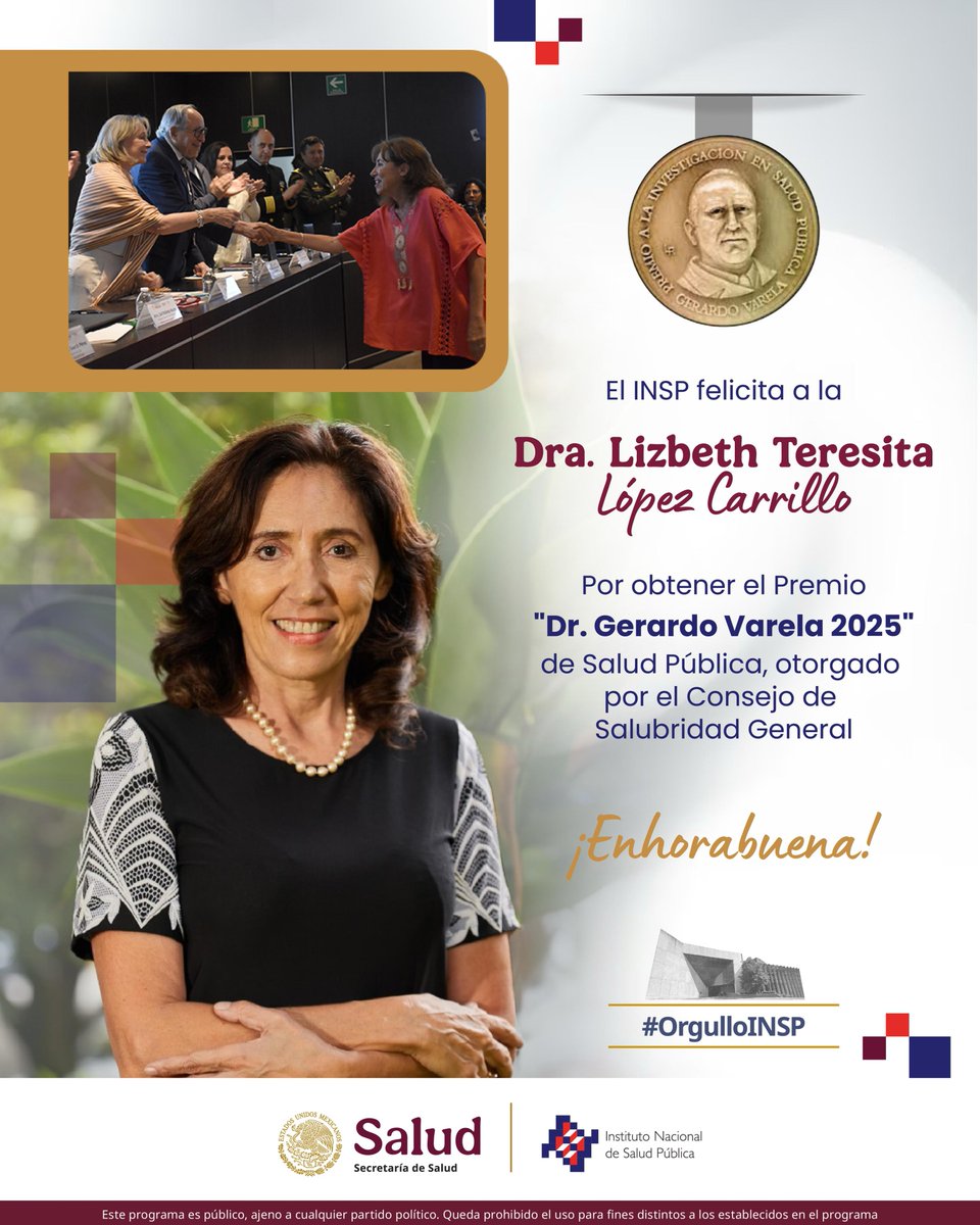 Eduardo Lazcano Ponce (@elazcanoponce) on Twitter photo Felicitaciones a la Dra. Lizbeth Teresita López Carrillo por obtener el Premio "Dr. Gerardo Varela" de Salud Pública, otorgado por el Consejo <a href="/DeSalubridad/">Consejo de Salubridad General</a> General.
La Dra. López Carrillo es #OrgulloINSP
¡Enhorabuena! Felicitaciones a la Dra. Lizbeth Teresita López Carrillo por obtener el Premio "Dr. Gerardo Varela" de Salud Pública, otorgado por el Consejo <a href="/DeSalubridad/">Consejo de Salubridad General</a> General.
La Dra. López Carrillo es #OrgulloINSP
¡Enhorabuena!