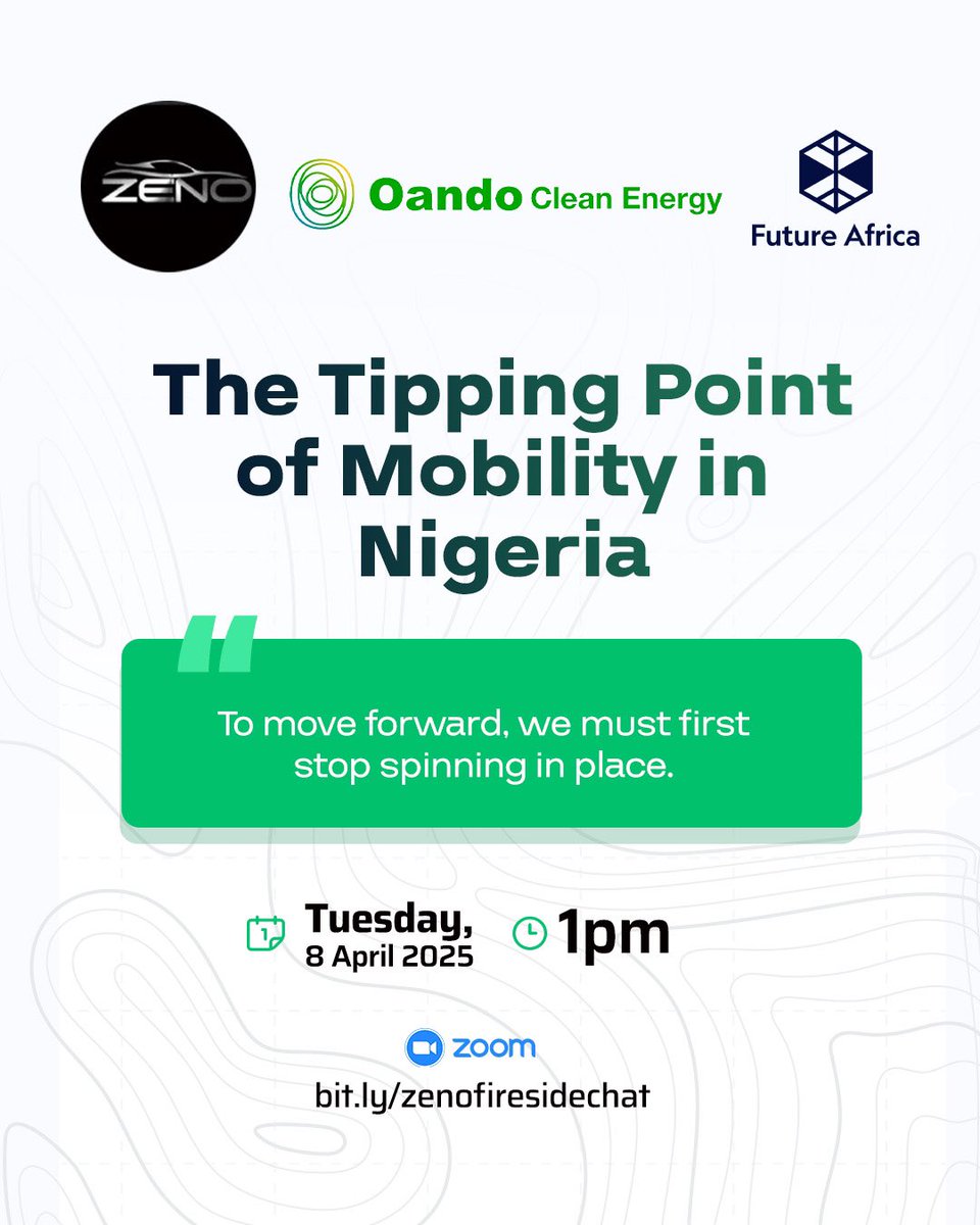 Nigeria’s mobility system is on the ropes.

 Fuel subsidy? Removed.
 FX rates? Wild.
 Daily commute? Costlier than vibes.

On April 8, Zeno gathers the big minds to ask:
 📌 Where do we go from here?

 ⏰ 1PM   🔗bit.ly/zenofiresidech…
 Join us as we discuss the strategies
