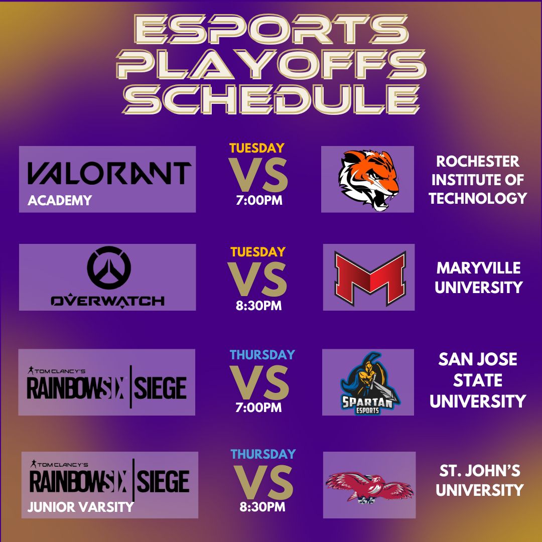 JMU Esports (@jmu_esports) on Twitter photo It's Monday again Dukes which means another week of playoffs! Our Valorant Academy and JV Rainbow Six teams have joined the fray as our teams face:
- <a href="/ritesports/">RIT Esports</a>
- <a href="/MaryvilleGG/">Maryville Esports</a>
- <a href="/SJSU_Esports/">SJSU Esports</a>
- <a href="/StJohnsEsports/">Scarlet Tempest Esports from St. John's University</a>
Catch the games at twitch.tv/jmuesports and wish our teams luck! It's Monday again Dukes which means another week of playoffs! Our Valorant Academy and JV Rainbow Six teams have joined the fray as our teams face:
- <a href="/ritesports/">RIT Esports</a>
- <a href="/MaryvilleGG/">Maryville Esports</a>
- <a href="/SJSU_Esports/">SJSU Esports</a>
- <a href="/StJohnsEsports/">Scarlet Tempest Esports from St. John's University</a>
Catch the games at twitch.tv/jmuesports and wish our teams luck!