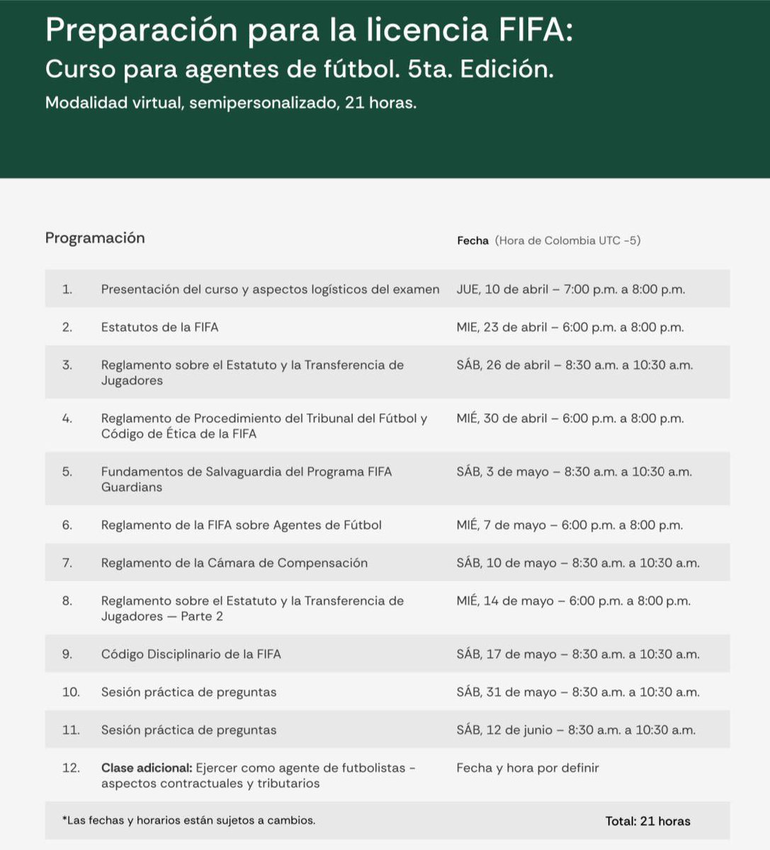 Este jueves 10 de abril a las 7:00 p.m. (COL) daremos inicio a la quinta edición de nuestro curso de preparación para el examen de Agente FIFA.
Aquellos interesados están cordialmente invitados a la clase introductoria, a través del siguiente enlace: us06web.zoom.us/j/87540470324?…
