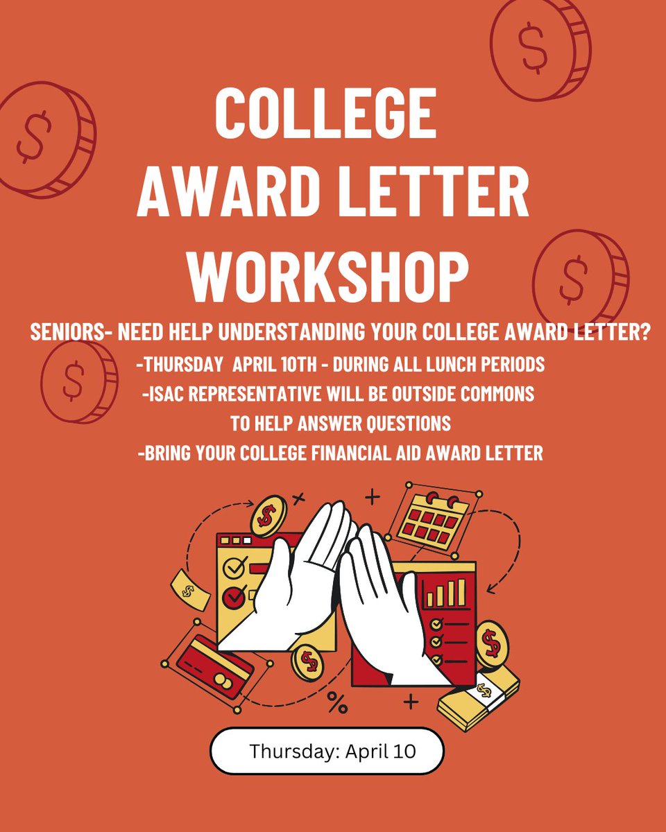 Seniors! Need help understanding your College Award (financial aid) letter? An ISAC representative will be available during lunch periods in the Commons on Thursday, April 10, to help answer your questions!