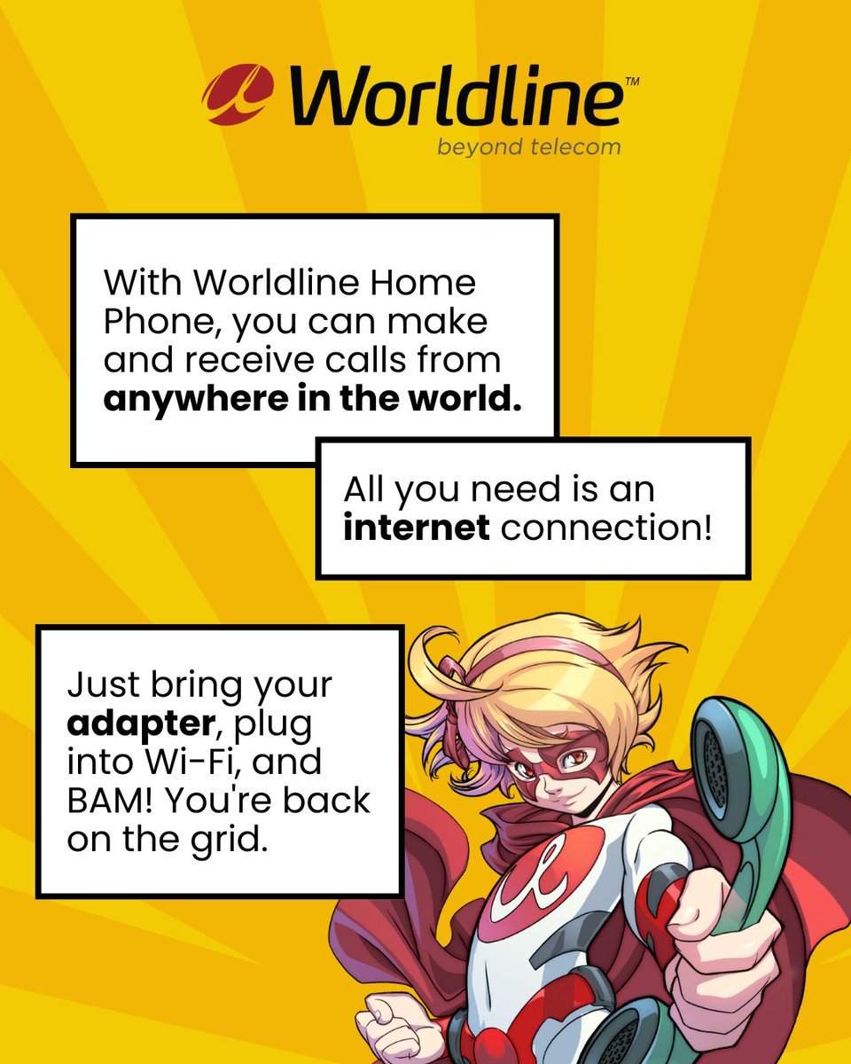 WorldlineCanada's tweet image. Worldline Home Phone comes with a hidden superpower: global portability.

💡 Just bring your adapter, connect to the internet, and you can use your home number from anywhere in the world.

🗺️ Wherever your adventure takes you, talk like you’re home!

#VoIP #Phone #DigitalNomad