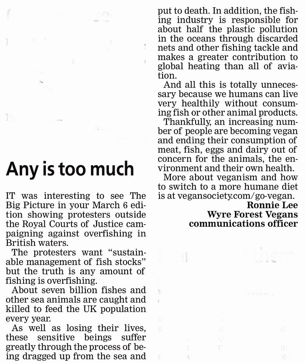 Excellent letter in our local paper about the harm done by the fishing industry. 

You can find more info about going vegan at vegansociety.com/go-vegan

#animals #fish 

<a href="/TheVeganSociety/">The Vegan Society</a>
