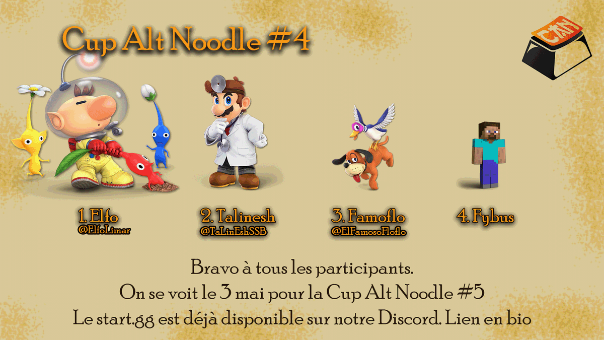 ctrlaltnoodle's tweet photo. Et voilà notre Top 4 de ce samedi. Bravo à @ElfoLimar pour sa première place, à @TaLinEshSSB pour sa seconde place et à tout le monde pour sa participation. RDV le 3 mai au seventies à Toulouse pour la 5ème édition. https://t.co/LcsZWLqMJa