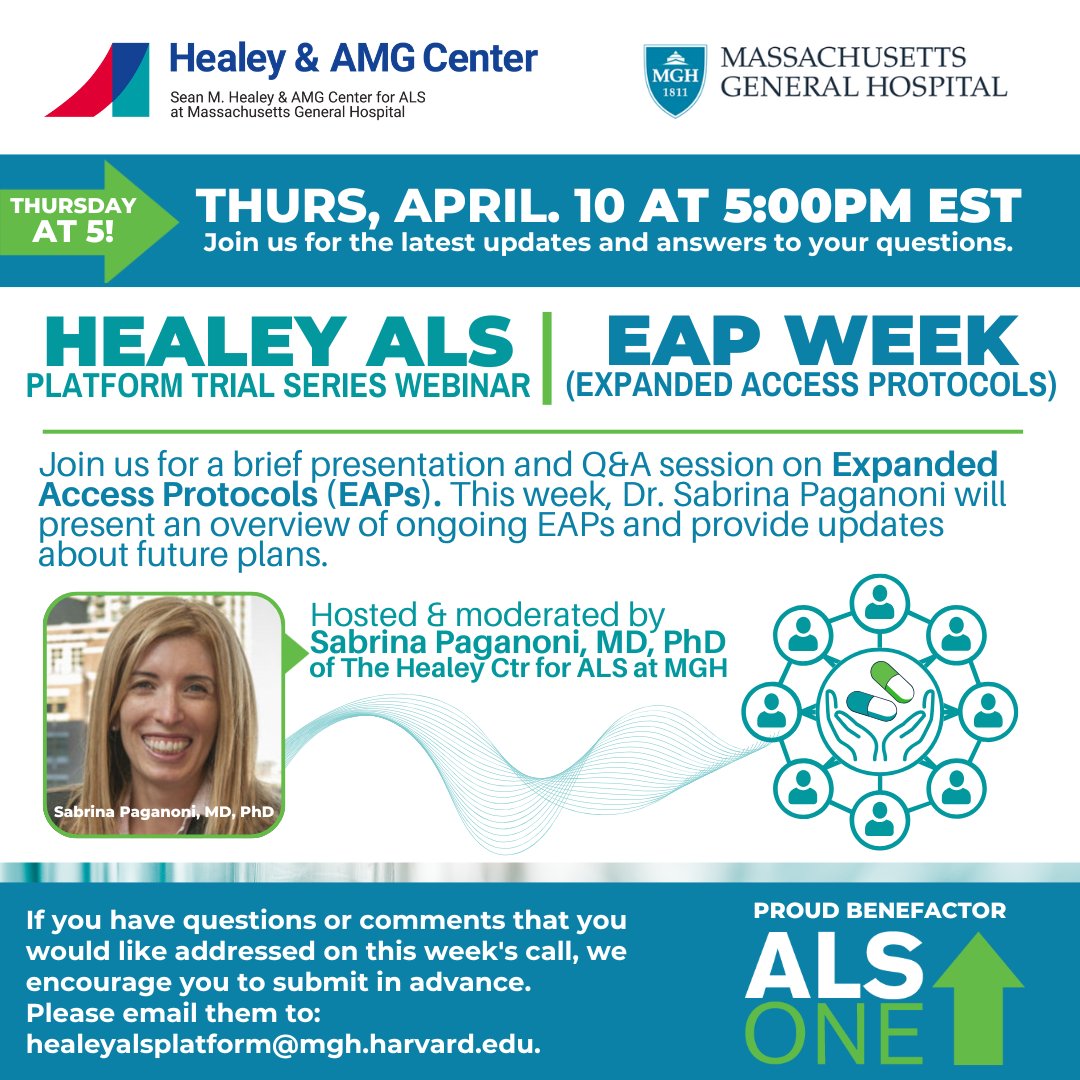 alsone_official's tweet image. Join us this Thurs, 4/10 @ 5pm EST, when the focus of the Healey #ALSPlatformTrial webinar will be on #ALS Expanded Access Protocols (EAPs). Host, @PaganoniMDPhD of @MGHNeurology will present an overview of ongoing EAPs &amp;amp; provide updates re: future plans. bit.ly/3KKsme2
