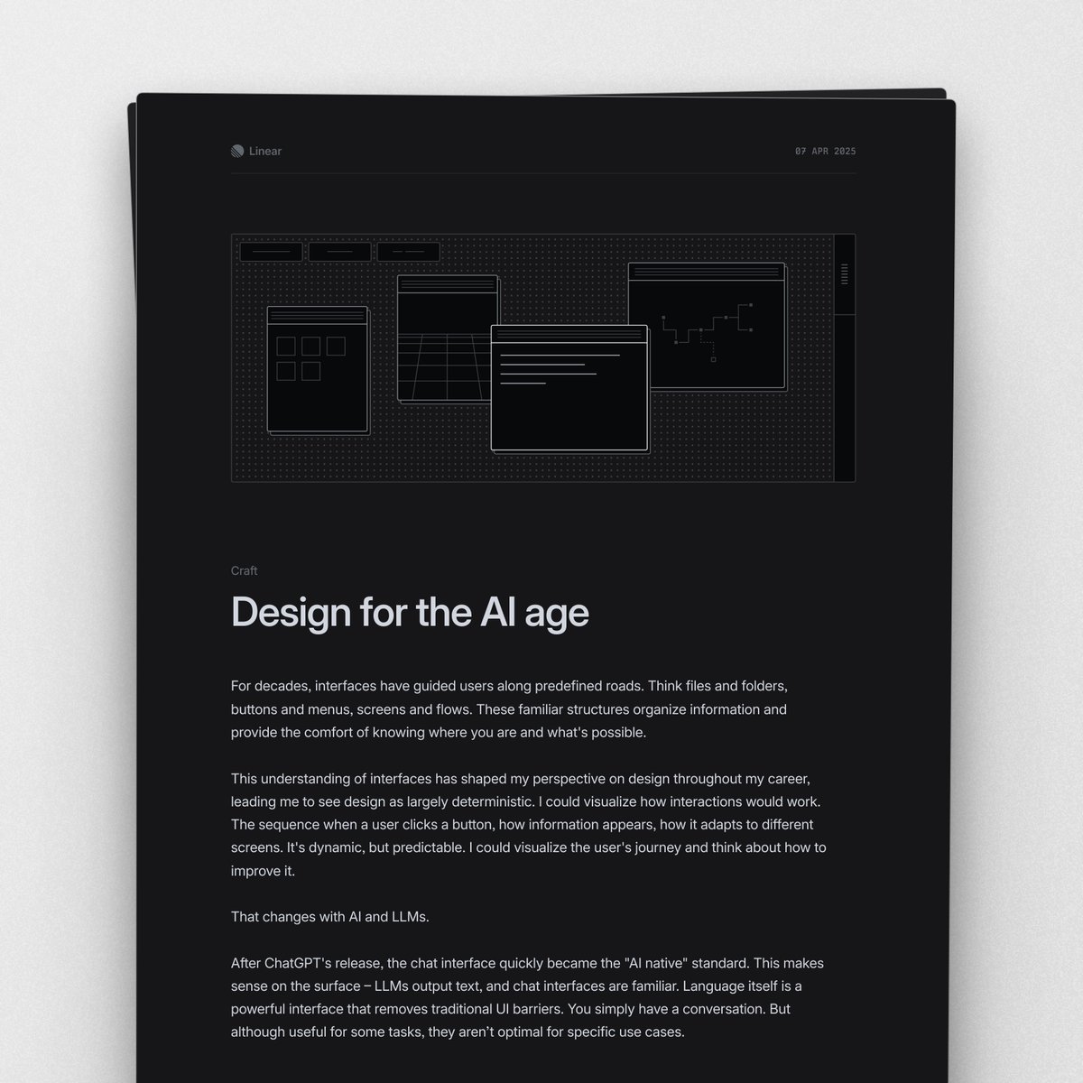 linear's tweet image. For decades, interfaces have guided users along predefined roads: Files and folders, buttons and menus, screens and flows. User journeys were dynamic, but predictable.

AI and LLMs are about to change that.
But will they?

linear.app/blog/design-fo…
