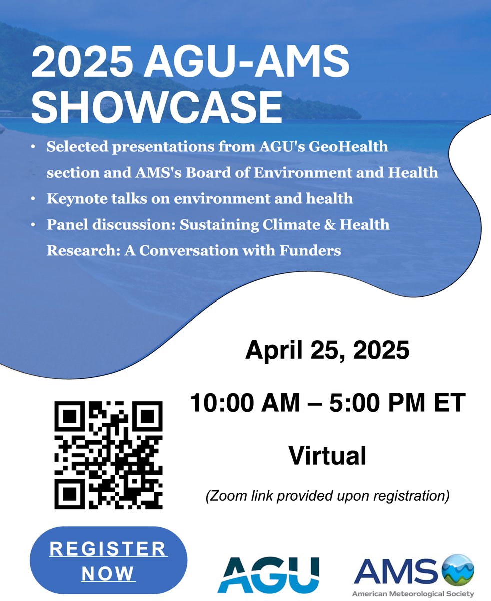 AGU_GeoHealth (@agugeohealth) on Twitter photo <a href="/AguGeohealth/">AGU_GeoHealth</a> and <a href="/ametsoc/">American Meteorological Society</a> Board on Environment and Health are excited to hold the 2025 Joint AGU/AMS Climate and Health Showcase. This virtual event will feature keynote talks, panel discussions, and engaging sessions on GeoHealth topics. Register at: docs.google.com/forms/d/e/1FAI… <a href="/AguGeohealth/">AGU_GeoHealth</a> and <a href="/ametsoc/">American Meteorological Society</a> Board on Environment and Health are excited to hold the 2025 Joint AGU/AMS Climate and Health Showcase. This virtual event will feature keynote talks, panel discussions, and engaging sessions on GeoHealth topics. Register at: docs.google.com/forms/d/e/1FAI…