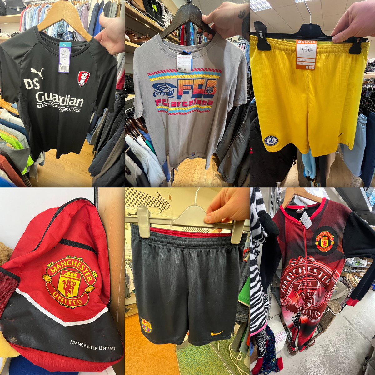 #charityshopfinds Burton
🔴 Rotherham training shirt (staff worn?)
🇪🇸 Barcelona t shirt
🔵 Kids Chelsea shorts (£7.50) 😳 
🔴 Manchester United bag
🇪🇸 Kids Barcelona shorts
🔴 Kids Manchester United onesie