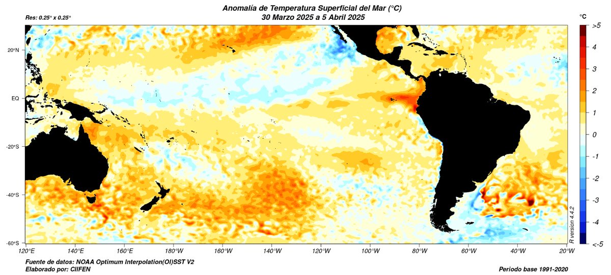 ciifen's tweet photo. Durante la semana del 30 de marzo al 5 de abril, la Temperatura Superficial del Mar (#TSM) mostró anomalías cálidas en el Pacífico Este, extendiéndose del oeste de Galápagos a la costa de Colombia y Ecuador; además el Pacífico Centro-Oeste mostró ligeras anomalías frías. https://t.co/khgKdx0Ubc