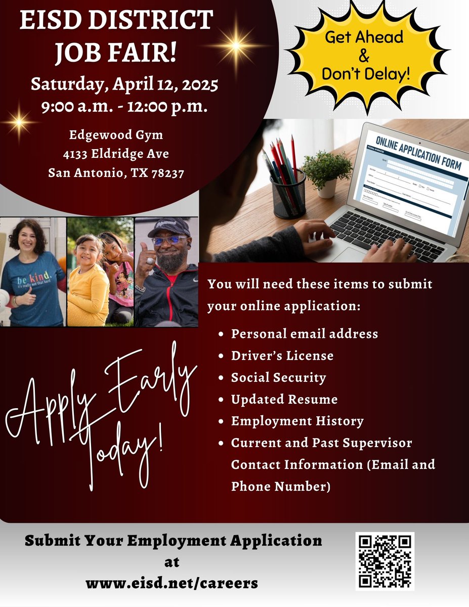 EISD Human Resources (@eisdhr1) on Twitter photo Get ahead and don't delay! Apply today! See you at our district job fair, Saturday, April 12, 2025, from 9am to 12pm! <a href="/EISDofSA/">Edgewood ISD</a> ๐ Get ahead and don't delay! Apply today! See you at our district job fair, Saturday, April 12, 2025, from 9am to 12pm! <a href="/EISDofSA/">Edgewood ISD</a> ๐