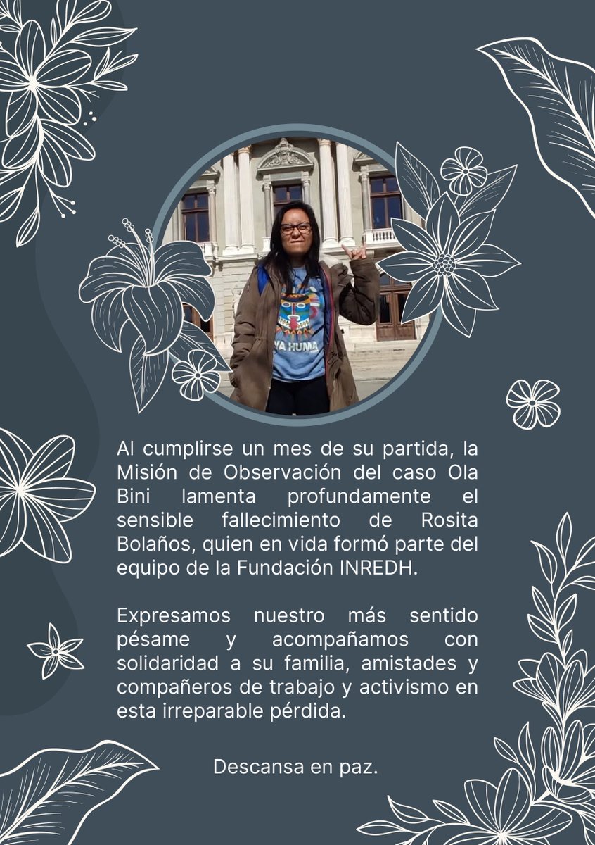 A un mes de su partida, honramos a Rosita Bolaños, parte de la Misión Observadora del caso Ola Bini y parte de <a href="/inredh1/">INREDH</a>. Su lucha por demostrar la inocencia de Ola y los DDHH señala el camino hacia la justicia. Solidaridad con su familia, amigos y compañeros.