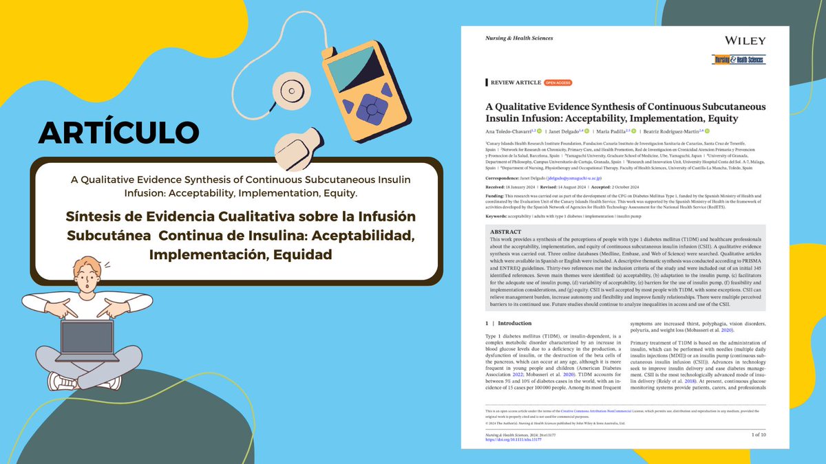 Publicación de nuestra compañera Beatriz Rodríguez Martín sobre las percepciones de las personas con #DiabetesMellitus tipo 1 y los #profesionalessanitarios respecto a la Infusión Subcutánea Continua de Insulina #qualitativeevidence 

Artículo completo 👉🔗pubmed.ncbi.nlm.nih.gov/39428561/