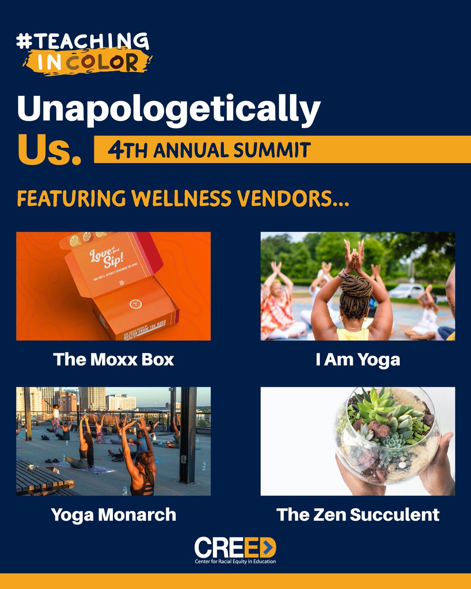 CREED_NC's tweet image. Check out our #TeachingInColor Summit wellness vendors!
🍹 The Moxx Box
🧘🏾‍♀️ I Am Yoga
✨ Yoga Monarch
🌱 The Zen Succulent 

Register today: eventbrite.com/e/2025-teachin…