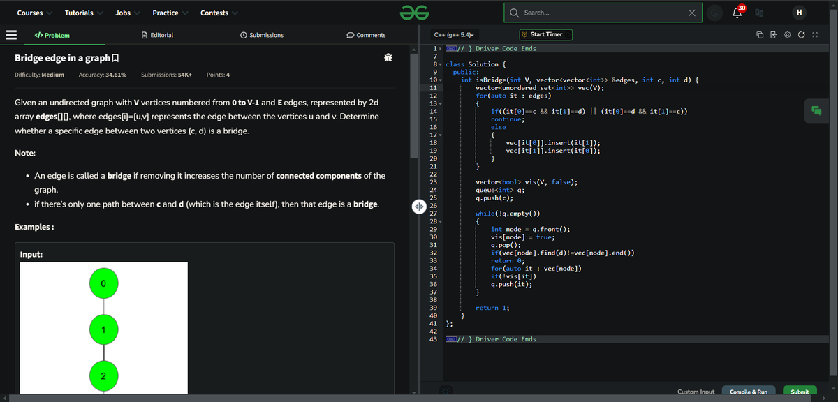 hardikagarwal01's tweet photo. Day 145 of GFG 160:Problem Solved : "Bridge edge in a graph" Huge thanks to @geeksforgeeks for the fantastic challenge!  #gfg160 and #geekstreak2024 #GeeksForGeeks
@geeksforgeeks https://t.co/Sgk9SFVot8