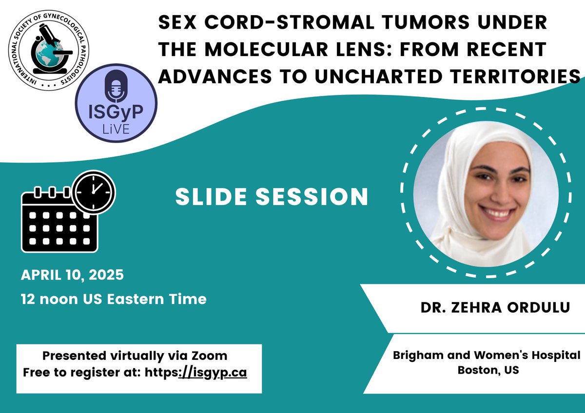 International Society of Gynecologic Pathologists (@isgynp) on Twitter photo Announcing a free <a href="/ISGynP/">International Society of Gynecologic Pathologists</a> sponsored live virtual slide session on April 10, 2025 at 12 noon US Eastern Time by Dr Ordulu on "Sex Cord Stromal Tumors under the Molecular Lens: From Recent Advances to Uncharted Territories". Register now @ isgyp.ca #gynpath Announcing a free <a href="/ISGynP/">International Society of Gynecologic Pathologists</a> sponsored live virtual slide session on April 10, 2025 at 12 noon US Eastern Time by Dr Ordulu on "Sex Cord Stromal Tumors under the Molecular Lens: From Recent Advances to Uncharted Territories". Register now @ isgyp.ca #gynpath