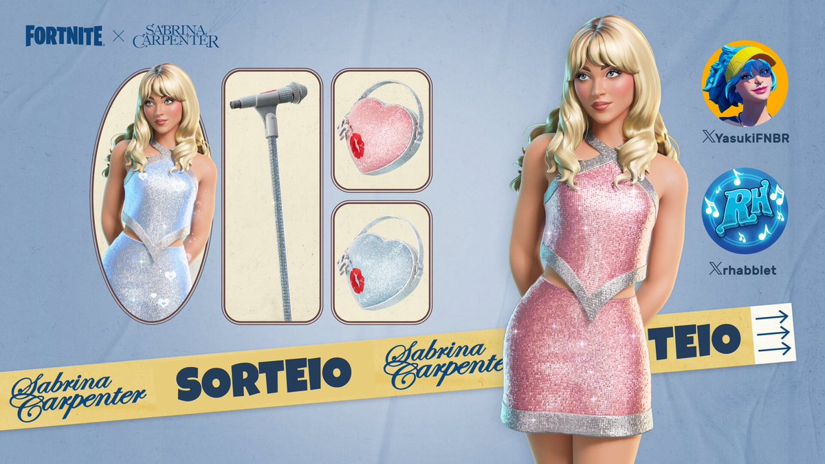YASUKI | Fortnite News (@yasukifnbr) on Twitter photo 💋 SORTEIO DE 1x TRAJE SABRINA CARPENTER OU 1.500 V-BUCKS! #Fortnite
Requisitos:
— Seguir @yasukifnbr e <a href="/rhabblet/">Rádio Habblet</a>
— Curtir e RT
— Marque 1 amigo nos comentários
Resultado será em 9 de abril, boa sorte a todos. 🍀✨ 💋 SORTEIO DE 1x TRAJE SABRINA CARPENTER OU 1.500 V-BUCKS! #Fortnite
Requisitos:
— Seguir @yasukifnbr e <a href="/rhabblet/">Rádio Habblet</a>
— Curtir e RT
— Marque 1 amigo nos comentários
Resultado será em 9 de abril, boa sorte a todos. 🍀✨
