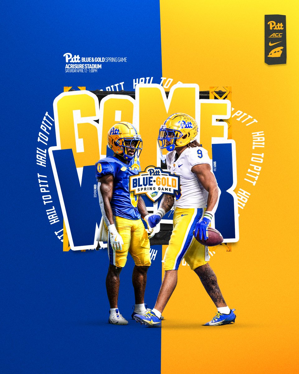 Pitt Football (@pitt_fb) on Twitter photo Blue-Gold Spring Game GAME WEEK 🔵🟡
📅 April 12
⏰ 1 PM
🏟️ <a href="/AcrisureStadium/">Acrisure Stadium</a>
🎟️ Free Admission
📻 <a href="/937theFan/">93.7 The Fan</a>
Presented by mac.bid Blue-Gold Spring Game GAME WEEK 🔵🟡
📅 April 12
⏰ 1 PM
🏟️ <a href="/AcrisureStadium/">Acrisure Stadium</a>
🎟️ Free Admission
📻 <a href="/937theFan/">93.7 The Fan</a>
Presented by mac.bid