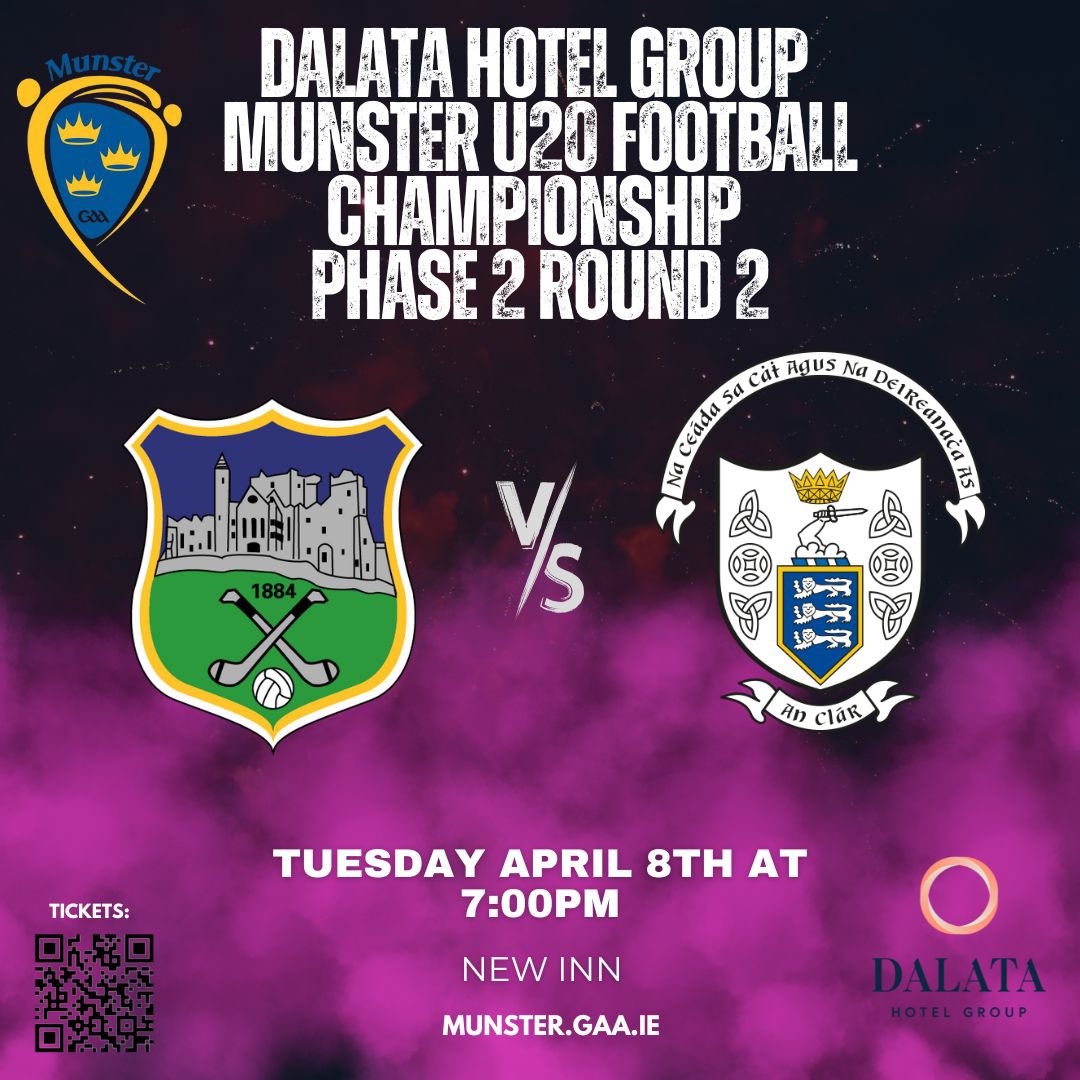 Gar (@gar2he) on Twitter photo 📺 Live tomorrow from New Inn for the Dalata Hotel Munster U20 Football Championship.
Phase 2 | Round 2
🆚 <a href="/TipperaryGAA/">Tipperary GAA</a> v <a href="/GaaClare/">Clare Gaa</a>
👮♂️ Eoin Morrissey (Waterford)
⏰ 7:00pm
🔗 clubber.ie
@Dalatahotels | <a href="/clubber/">Clubber</a> | <a href="/MunsterGAA/">Munster GAA / Comhairle na Mumhan</a> 📺 Live tomorrow from New Inn for the Dalata Hotel Munster U20 Football Championship.
Phase 2 | Round 2
🆚 <a href="/TipperaryGAA/">Tipperary GAA</a> v <a href="/GaaClare/">Clare Gaa</a>
👮♂️ Eoin Morrissey (Waterford)
⏰ 7:00pm
🔗 clubber.ie
@Dalatahotels | <a href="/clubber/">Clubber</a> | <a href="/MunsterGAA/">Munster GAA / Comhairle na Mumhan</a>