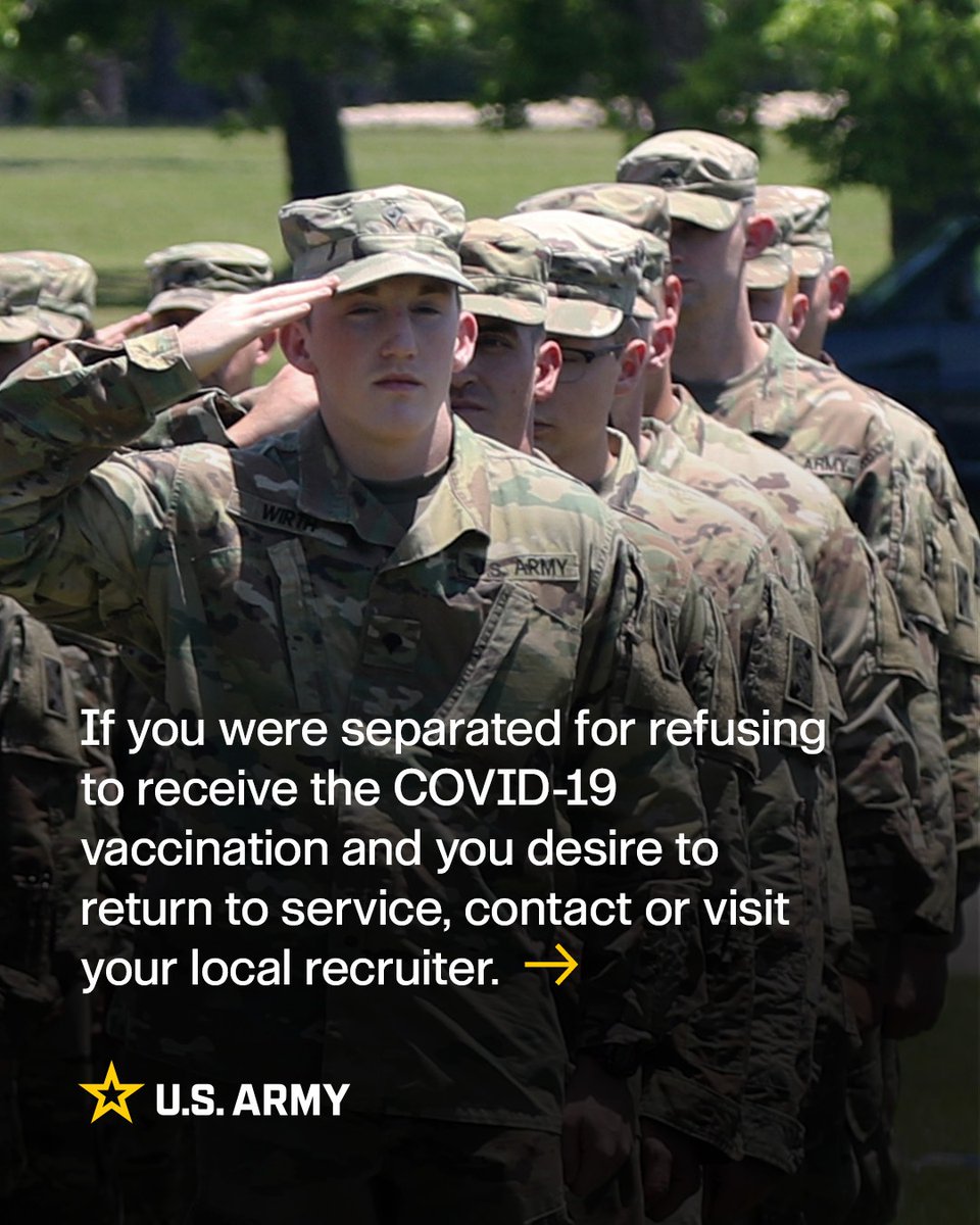 USArmy_G1's tweet image. The @USArmy has reached out to all 1900+ Soldiers separated due to COVID vaccine mandates. We already have about 150 Soldiers that have taken the next step to join. 

If you&apos;re on the fence or on the couch, don&apos;t miss this opportunity. We welcome you back! goarmy.com