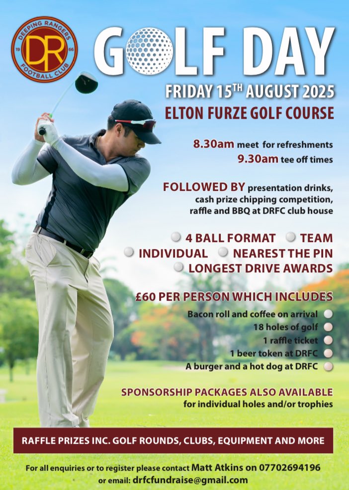 Deeping Rangers FC (@deepingrangers) on Twitter photo Canβt make it to the <a href="/TheMasters/">The Masters</a> , no problem, sign up for the next best thing, The Deeping Rangers Golf Day!
π
Friday 15th Aug
β³οΈ Elton Furze
Book your teamβs place by messaging DRFCfundraise@gmail.com
<a href="/DeepingSSClub/">Deeping Sports & Social Club</a> <a href="/spaldingsport/">Spaldingsport</a> <a href="/BeInDeeping/">Rather Be In Deeping</a> <a href="/peterboroughtel/">Peterborough Telegraph</a> Canβt make it to the <a href="/TheMasters/">The Masters</a> , no problem, sign up for the next best thing, The Deeping Rangers Golf Day!
π
Friday 15th Aug
β³οΈ Elton Furze
Book your teamβs place by messaging DRFCfundraise@gmail.com
<a href="/DeepingSSClub/">Deeping Sports & Social Club</a> <a href="/spaldingsport/">Spaldingsport</a> <a href="/BeInDeeping/">Rather Be In Deeping</a> <a href="/peterboroughtel/">Peterborough Telegraph</a>