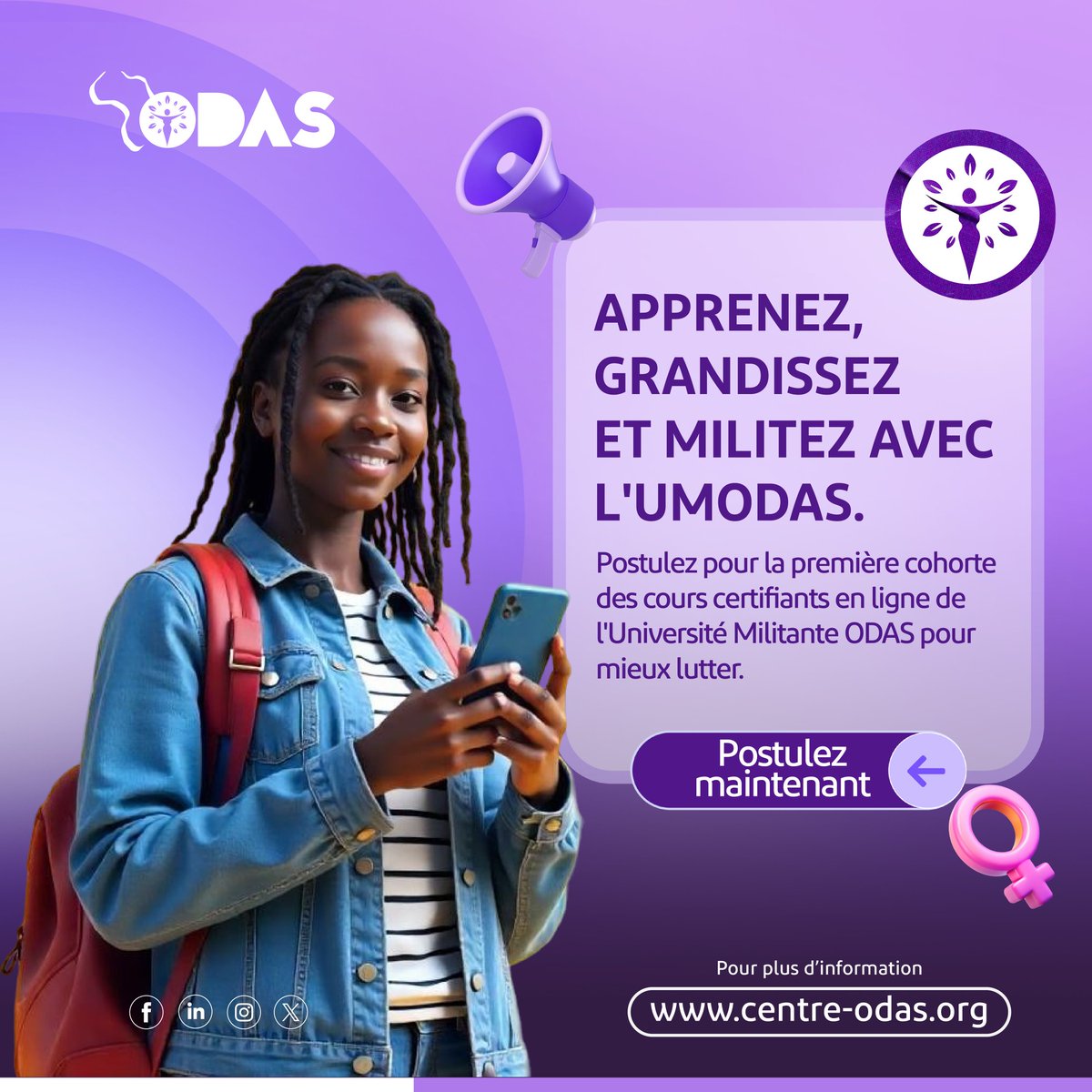 Apprenez, grandissez et militez avec l'#UMOdas. 

L'Université Militante ODAS est un programme en ligne conçu pour les militant•e•s des droits des femmes et l'accès à l'avortement sécurisé.

Postulez pour rejoindre la première cohorte de l'UMOdas pour mieux lutter. 

En savoir
