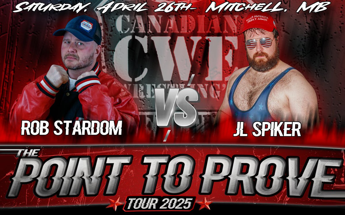 CWE Canada (@cwecanada) on Twitter photo Apr 26 <a href="/CWECanada/">CWE Canada</a> Mitchell, Manitoba:
The CWE Return Of Rob Stardom!
<a href="/StardomRob/">Rob Stardom</a> vs. "The American Psycho" JL Spiker Apr 26 <a href="/CWECanada/">CWE Canada</a> Mitchell, Manitoba:
The CWE Return Of Rob Stardom!
<a href="/StardomRob/">Rob Stardom</a> vs. "The American Psycho" JL Spiker
