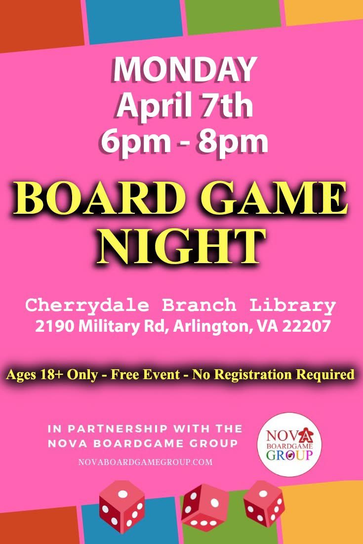 NOVA BoardGame Group (@novaboardgame) on Twitter photo Board Game Night tonight at Cherrydale Library for ages 18+ only. No sign up needed - just show up! Starts at 6pm #cherrydale #arlingtonva #dmv <a href="/ilovearlingtonv/">I Love Arlington VA</a> Board Game Night tonight at Cherrydale Library for ages 18+ only. No sign up needed - just show up! Starts at 6pm #cherrydale #arlingtonva #dmv <a href="/ilovearlingtonv/">I Love Arlington VA</a>