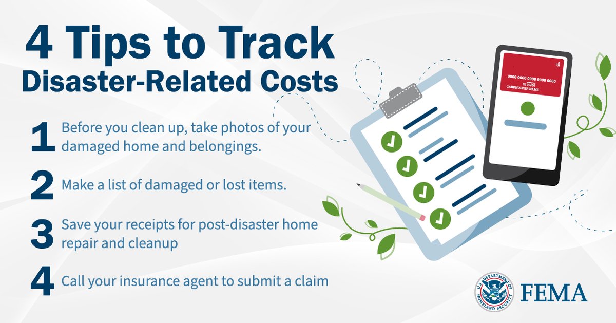 Before cleaning up your home after severe storms, take photos and make a list of damages to help with insurance claims. Be sure to save any receipts related to repairs and clean up so eligible costs can be reimbursed.

More: ready.gov/recovering-dis…