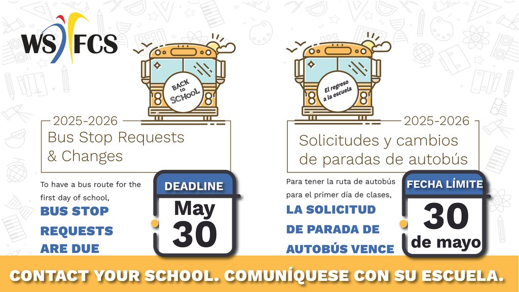 WS/FCS is encouraging families to sort out their bus stops for next school year early to make sure everything is in order before the May 30 deadline. Learn more on our website at wsfcs.k12.nc.us/article/2134681.

#wsfcs