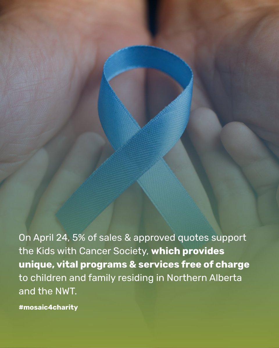 GetMosaicYeg's tweet image. This month, Mosaic Home Services is proud to support the Kids with Cancer Society on April 24, 2025. 🎗️
@kwcsyeg helps children with cancer and their families across Northern Alberta and NWT.
5% of all sales and approved quotes from any of our brands will go directly to them.