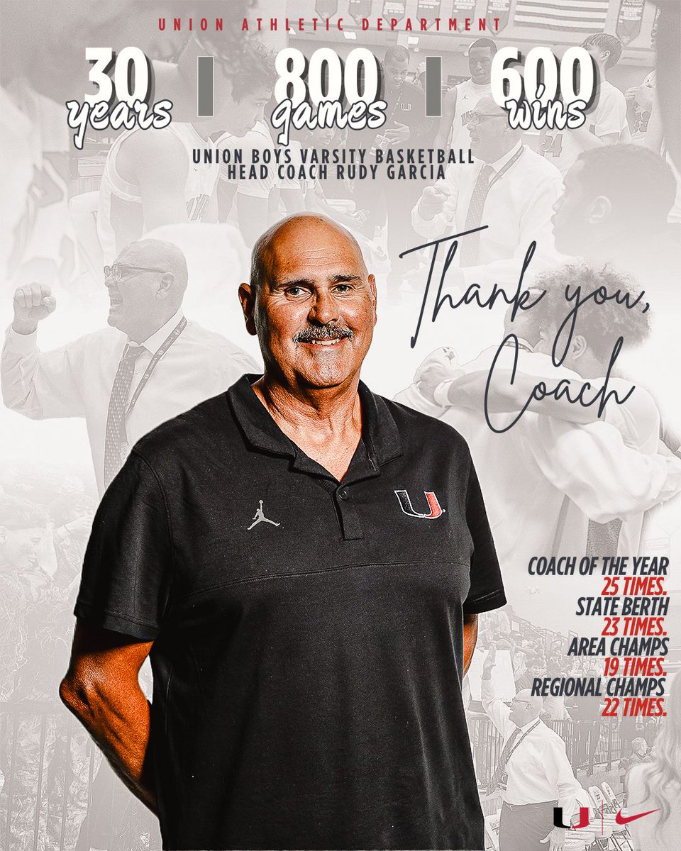 After 30 extraordinary seasons, Coach Rudy Garcia is officially retiring as Head Coach of Union Boys Basketball. His impact reaches far beyond the court—and his legacy will live on in every player, every win &amp; every lesson taught.

Thank you, Coach Garcia.
#allmylife <a href="/Union_Hoops/">Union Basketball</a>
