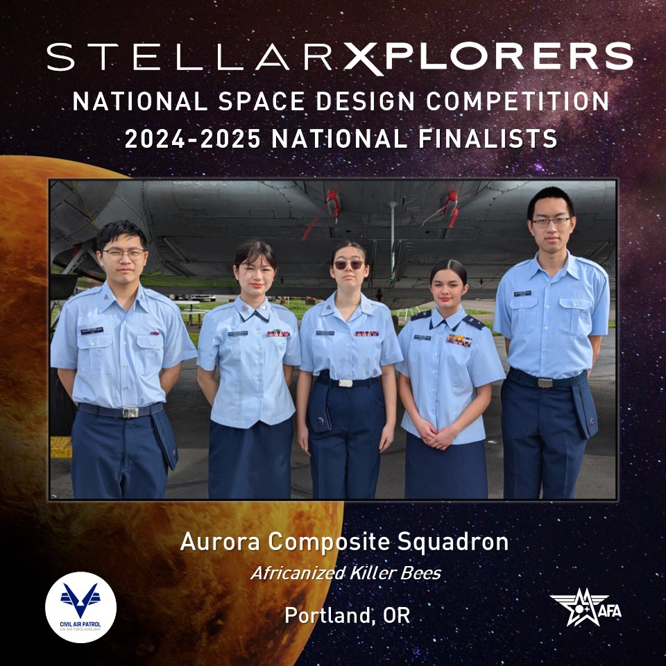 AFA StellarXplorers (@afa_stlx) on Twitter photo The StellarXplorers National Finals Competition is a few weeks away, so we're highlighting each team heading to Denver, CO.
From Portland, OR, the Africanized Killer Bees representing <a href="/CivilAirPatrol/">Civil Air Patrol 🛩️</a>'s Aurora Composite Squadron. This squadron was the '20-'21 National Champ! The StellarXplorers National Finals Competition is a few weeks away, so we're highlighting each team heading to Denver, CO.
From Portland, OR, the Africanized Killer Bees representing <a href="/CivilAirPatrol/">Civil Air Patrol 🛩️</a>'s Aurora Composite Squadron. This squadron was the '20-'21 National Champ!
